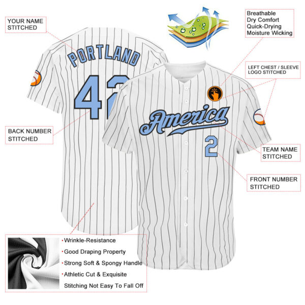 Custom White Black Pinstripe Light Blue-Black Authentic Baseball Jersey