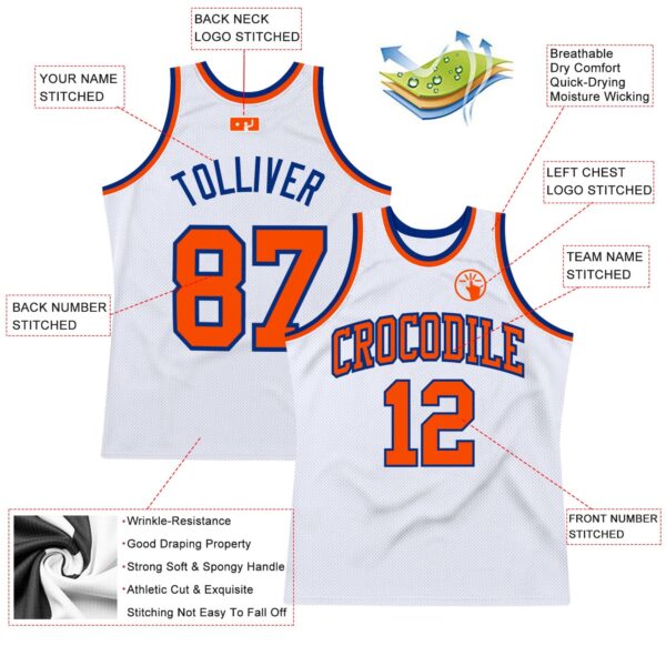 Custom White Orange-Royal Authentic Throwback Basketball Jersey