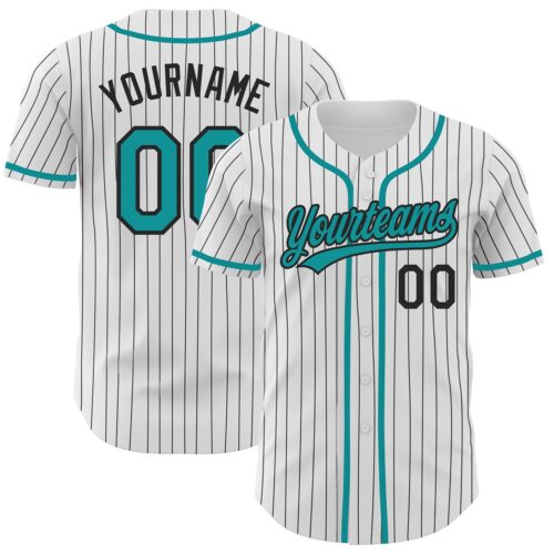 White1318 Custom White Black Pinstripe Teal Authentic Baseball Jersey