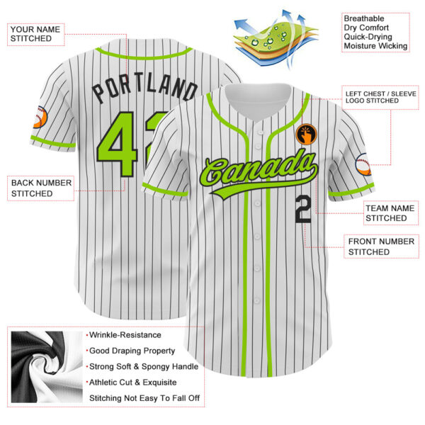 Custom White Black Pinstripe Neon Green Authentic Baseball Jersey