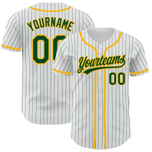 Custom White Green Pinstripe Green-Gold Authentic Baseball Jersey