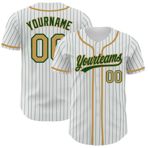 White1352 Custom White Green Pinstripe Old Gold Authentic Baseball Jersey
