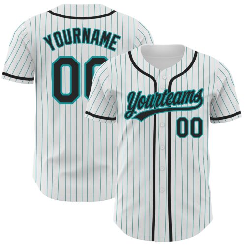 White1358 Custom White Teal Pinstripe Black Authentic Baseball Jersey