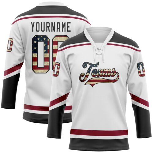 White1475 Custom White Vintage USA Flag Black-Maroon Hockey Lace Neck Jersey