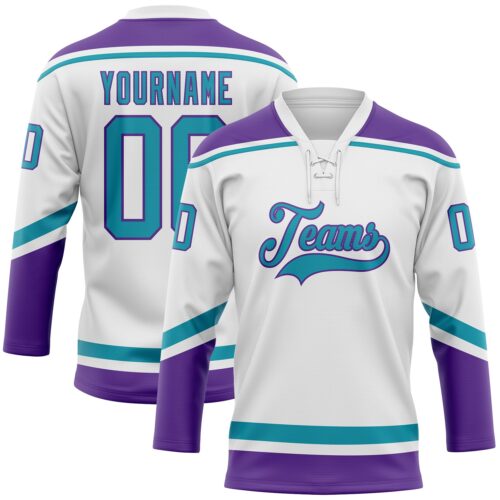 White1480 Custom White Teal-Purple Hockey Lace Neck Jersey