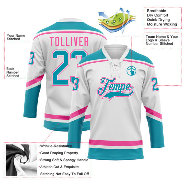 Custom White Teal-Pink Hockey Lace Neck Jersey