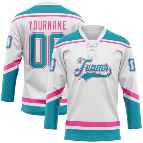 White1485 Custom White Teal-Pink Hockey Lace Neck Jersey