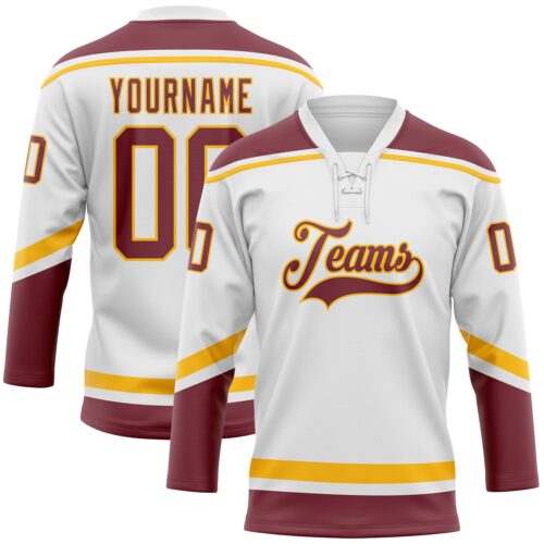 White1491 Custom White Burgundy-Gold Hockey Lace Neck Jersey