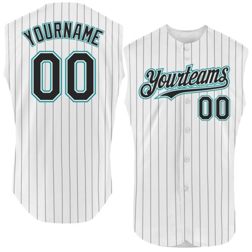 White1579 Custom White Black Pinstripe Teal Authentic Sleeveless Baseball Jersey