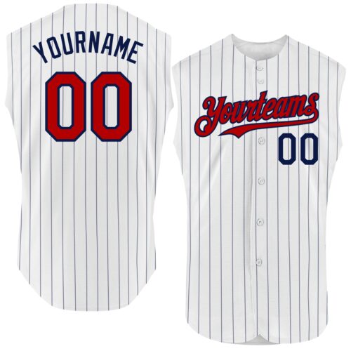 White1611 Custom White Navy Pinstripe Red Authentic Sleeveless Baseball Jersey