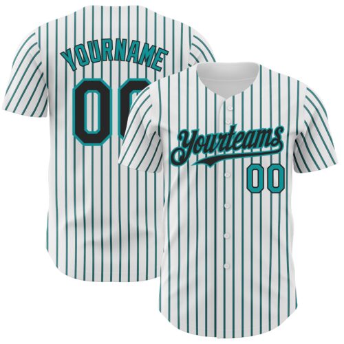 White1676 Custom White (Black Teal Pinstripe) Black-Teal Authentic Baseball Jersey