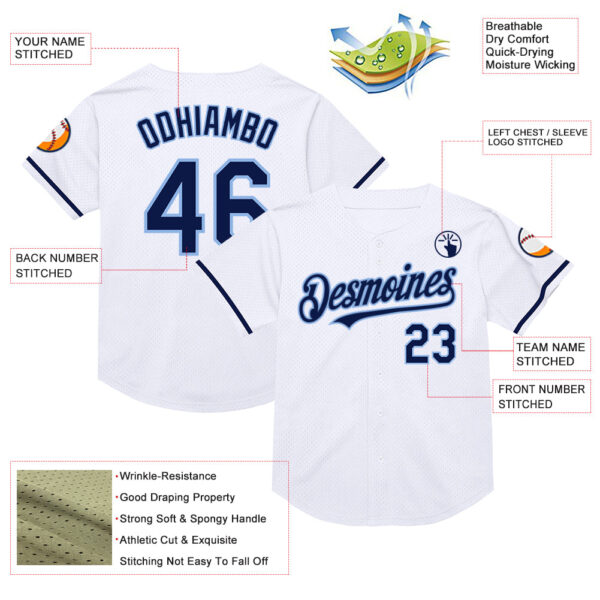 Custom White Navy-Light Blue Mesh Authentic Throwback Baseball Jersey
