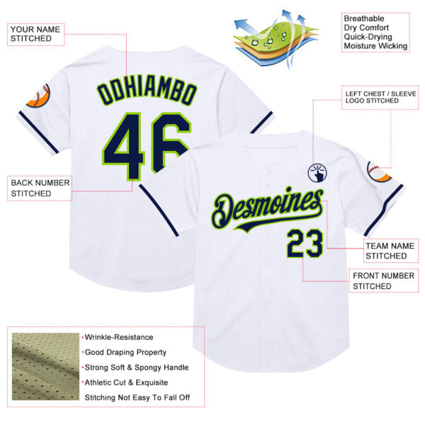 Custom White Navy-Neon Green Mesh Authentic Throwback Baseball Jersey