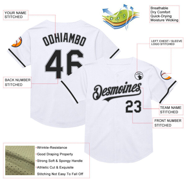 Custom White Black-Gray Mesh Authentic Throwback Baseball Jersey