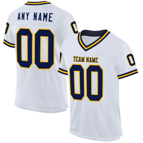 White1879 Custom White Navy-Gold Mesh Authentic Throwback Football Jersey