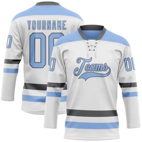 White1938 Custom White Light Blue-Steel Gray Hockey Lace Neck Jersey