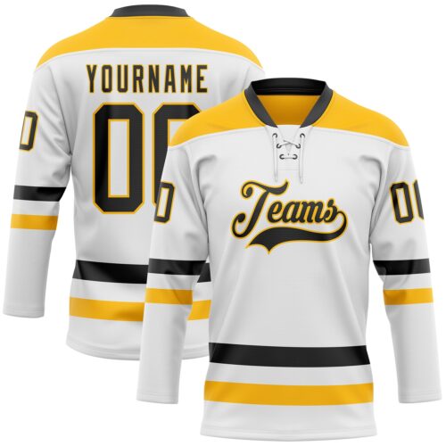 White1949 Custom White Black-Gold Hockey Lace Neck Jersey