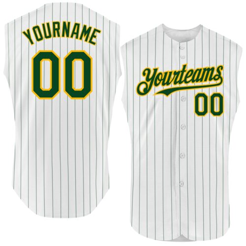 White2190 Custom White Green Pinstripe Gold Authentic Sleeveless Baseball Jersey