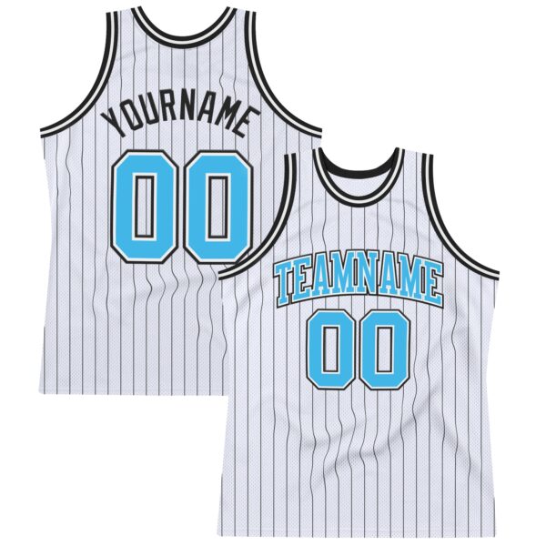 Custom White Black Pinstripe Sky Blue Authentic Basketball Jersey