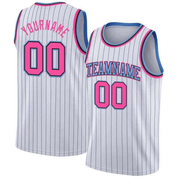 Custom White Black Pinstripe Pink-Light Blue Authentic Basketball Jersey