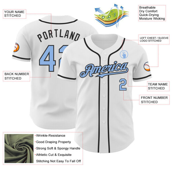 Custom White Light Blue-Black Authentic Baseball Jersey