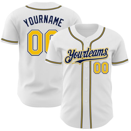Custom White Yellow-Navy Authentic Baseball Jersey
