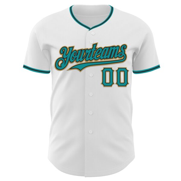 Custom White Teal Black-Old Gold Authentic Baseball Jersey