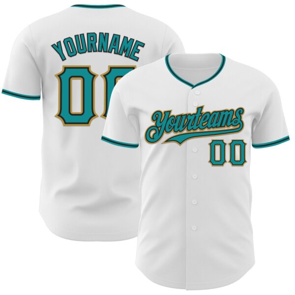 Custom White Teal Black-Old Gold Authentic Baseball Jersey