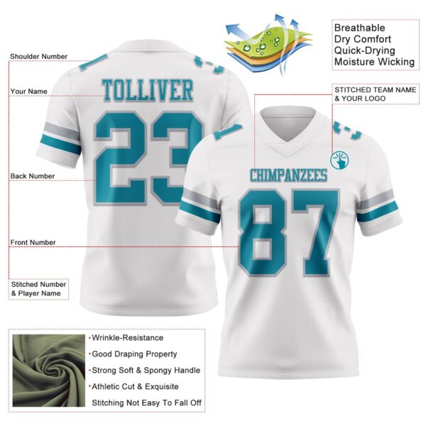 Custom White Teal-Gray Authentic Football Jersey