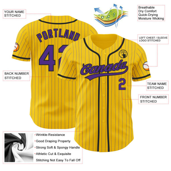 Custom Yellow Purple Pinstripe Black Authentic Baseball Jersey
