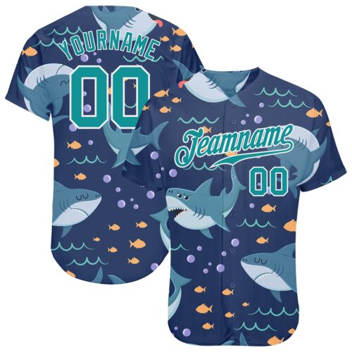 aqua_0082 Custom Teal Teal-White 3D Pattern Design Sharks Authentic Baseball Jersey