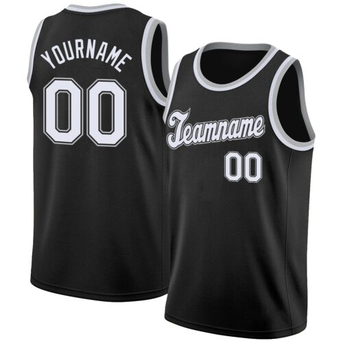 black_0109 Custom Black White-Gray Round Neck Rib-Knit Basketball Jersey