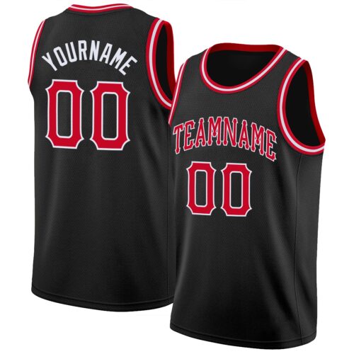 black_0111 Custom Black Red-White Round Neck Rib-Knit Basketball Jersey