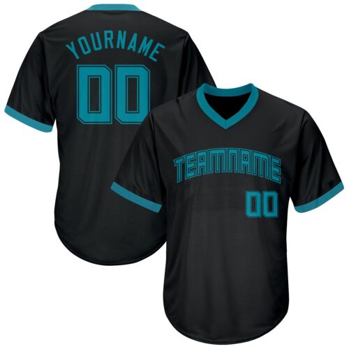 black_0208 Custom Black Teal-Black Authentic Throwback Rib-Knit Baseball Jersey Shirt