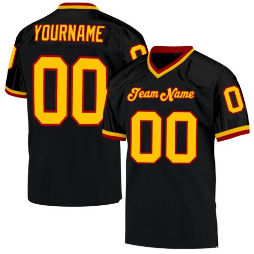 black_0416 Custom Black Gold-Red Mesh Authentic Throwback Football Jersey