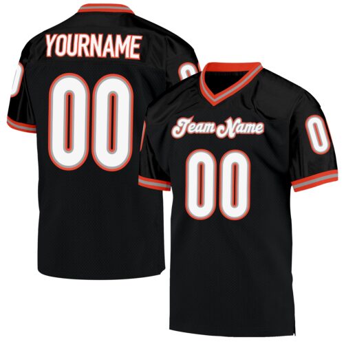 black_0424 Custom Black White-Orange Mesh Authentic Throwback Football Jersey