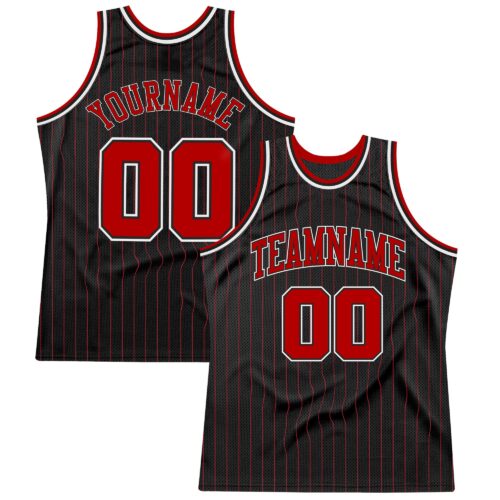 black_0490 Custom Black Red Pinstripe Red-White Authentic Basketball Jersey