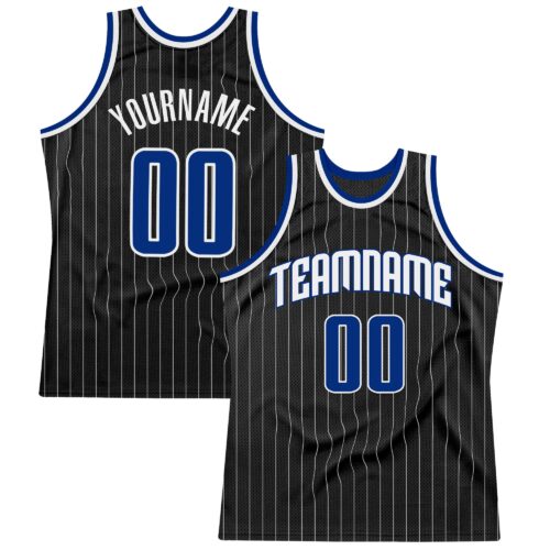 black_0491 Custom Black White Pinstripe Royal-White Authentic Basketball Jersey