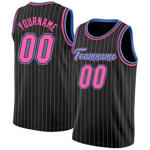 black_0499 Custom Black White Pinstripe Pink-Light Blue Authentic Basketball Jersey