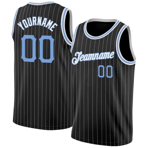 black_0506 Custom Black White Pinstripe Light Blue-White Authentic Basketball Jersey