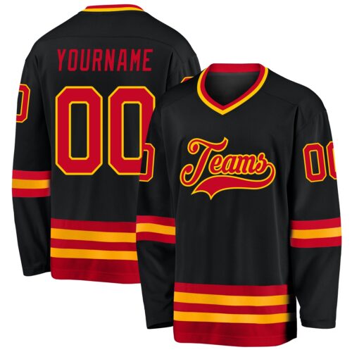 black_0594 Custom Black Red-Gold Hockey Jersey
