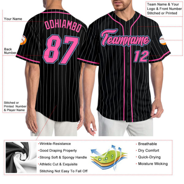 Custom Black White Pinstripe Pink-Light Blue Authentic Baseball Jersey