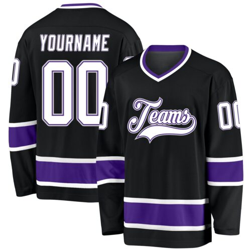 black_0665 Custom Black White-Purple Hockey Jersey