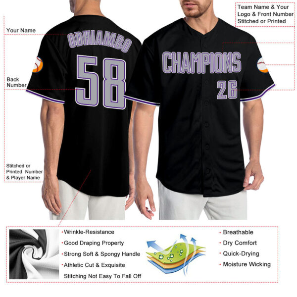 Custom Black Gray-Purple Authentic Baseball Jersey