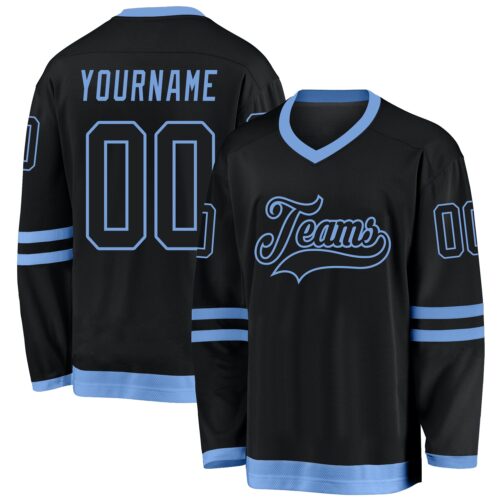 black_0728 Custom Black Black-Light Blue Hockey Jersey