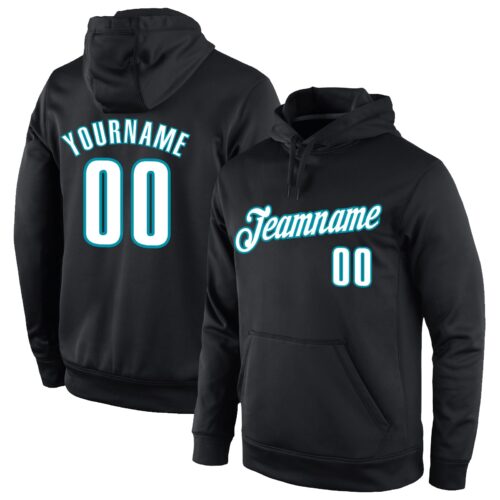 black_0746 Custom Stitched Black White-Teal Sports Pullover Sweatshirt Hoodie