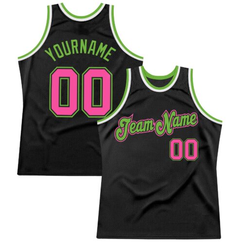 black_0775 Custom Black Pink-Neon Green Authentic Throwback Basketball Jersey