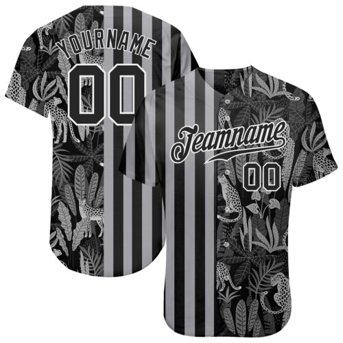 black_0793 Custom Black Black-Gray 3D Pattern Design Leopards And Tropical Palm Leaves Authentic Baseball Jersey