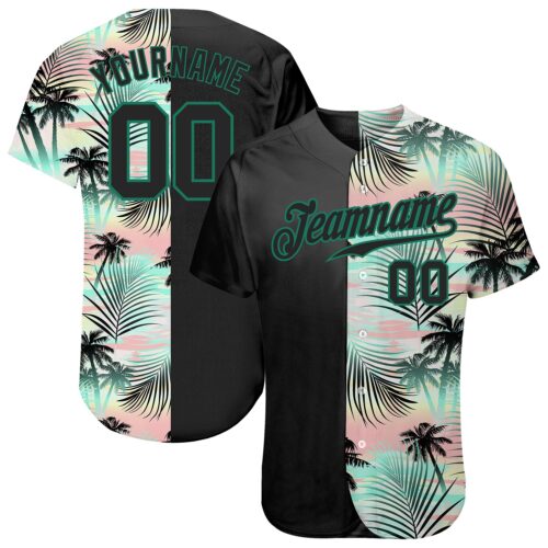 black_0795 Custom Black Black-Kelly Green 3D Pattern Design Tropical Palm Leaves Authentic Baseball Jersey