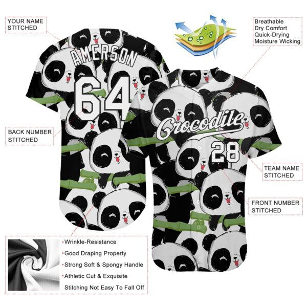 Custom Black White-Black 3D Pattern Design Pandas Authentic Baseball Jersey